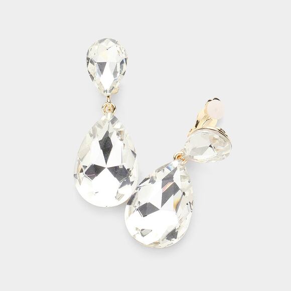 Clip on 3" long gold and clear stone graduated teardrop stone earrings - Picture 3 of 4